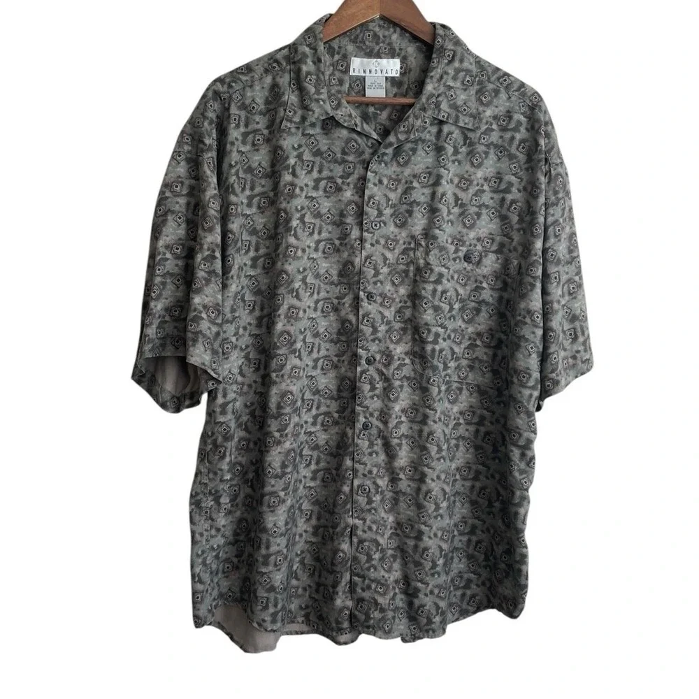 VTG Rinnovato Mens Button Up Shirt L Gray Abstract Geometric 90s Retro Resort